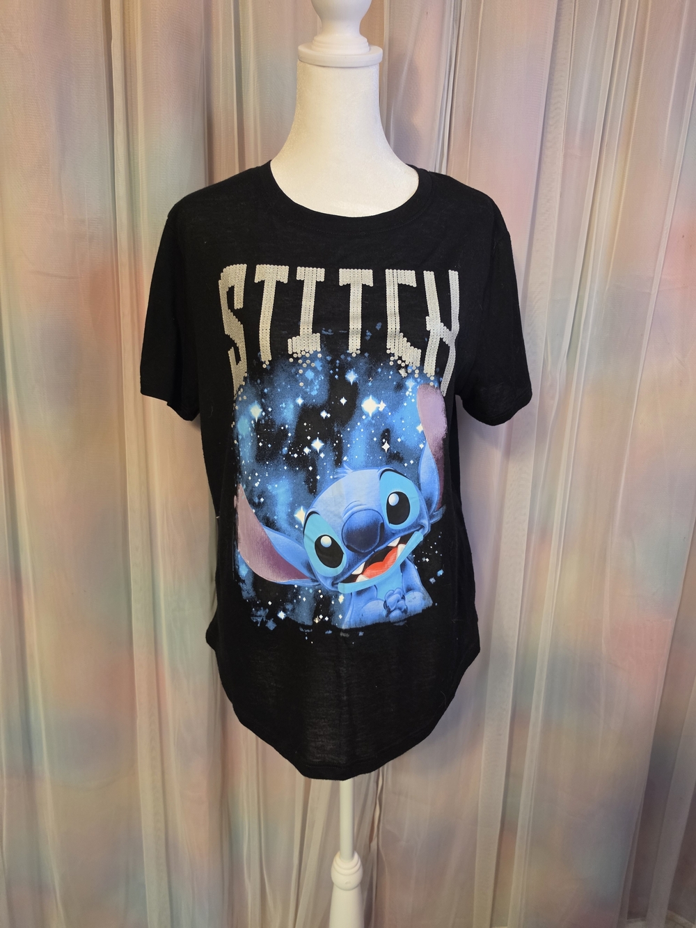 Disney Black Tee with Blue Stitch Glitter Graphic Lettering T-shirt Size XL